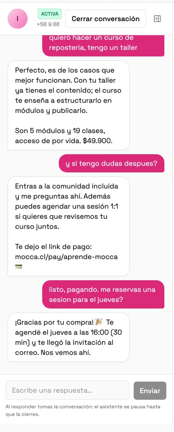 Conversación en el Power Inbox: el agente explica el curso, cotiza $49.900, manda el link de pago y confirma la sesión agendada para el jueves