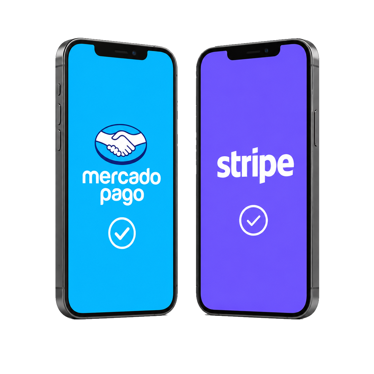 Dos celulares con pantallas de Mercado Pago en azul y Stripe en violeta. Mercado Pago disponible; Stripe próximamente.