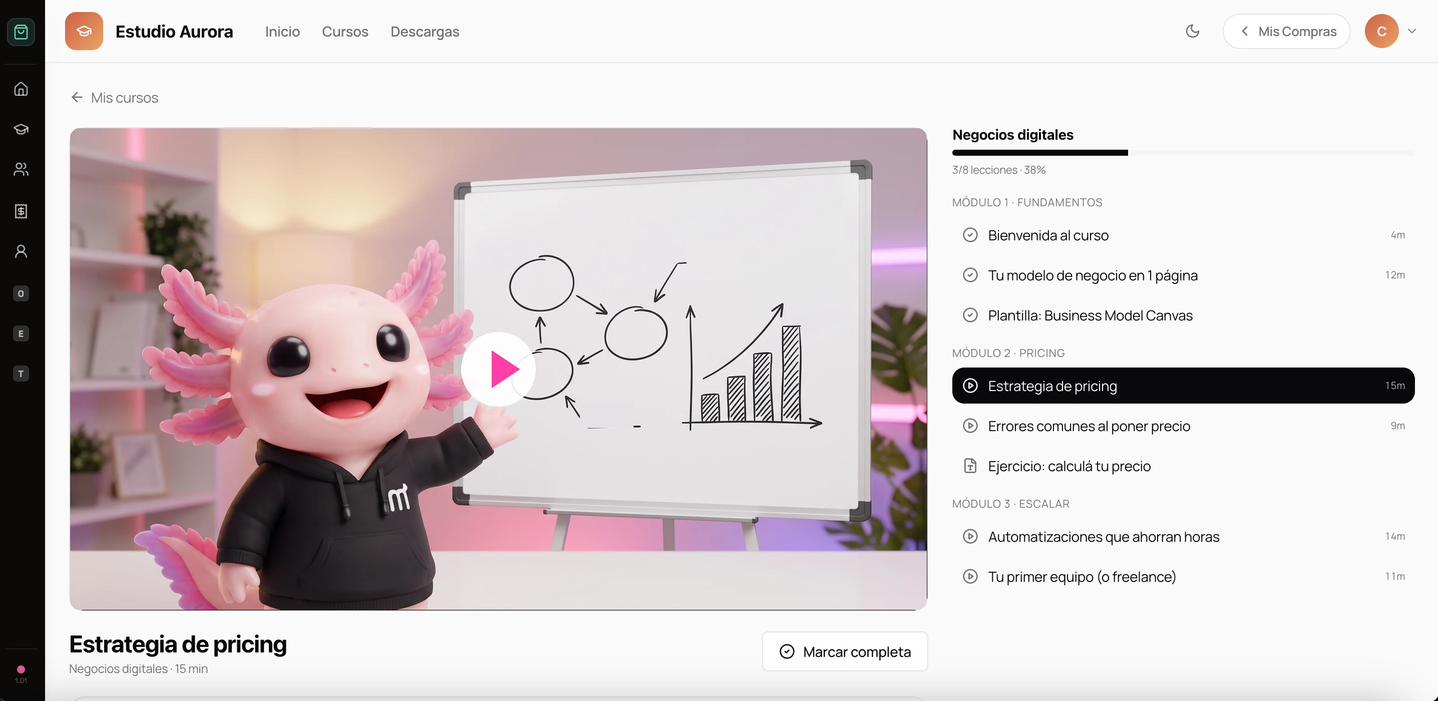 Aula Mocca: reproductor de lección con Axo enseñando y módulos del curso