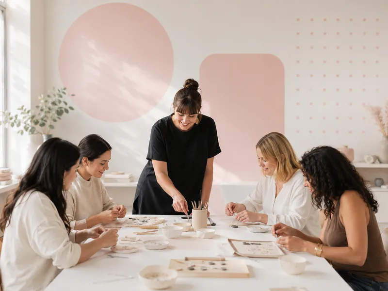 Taller presencial: una instructora guía a cuatro alumnas alrededor de una mesa de trabajo