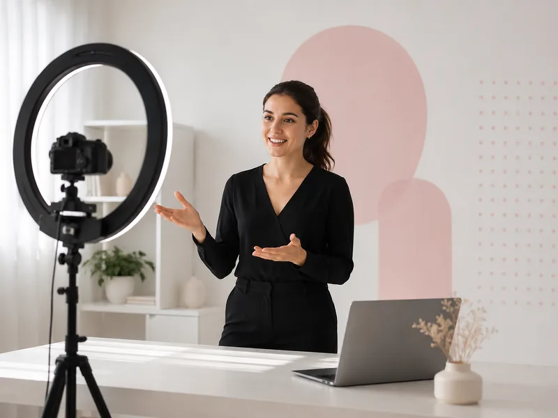 Creadora grabando una clase en video con anillo de luz y cámara