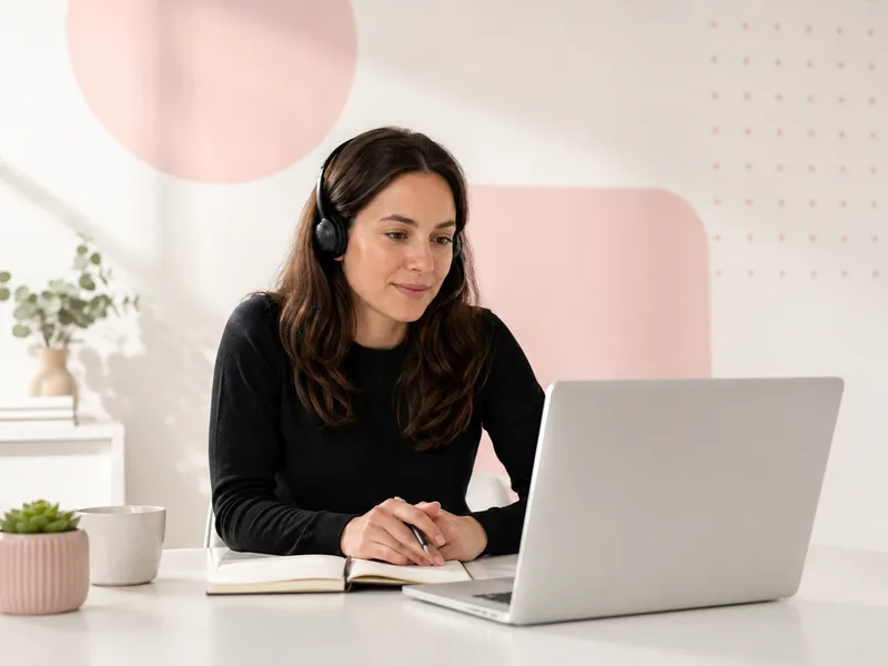 Creadora en una sesión uno a uno por videollamada, con audífonos y cuaderno