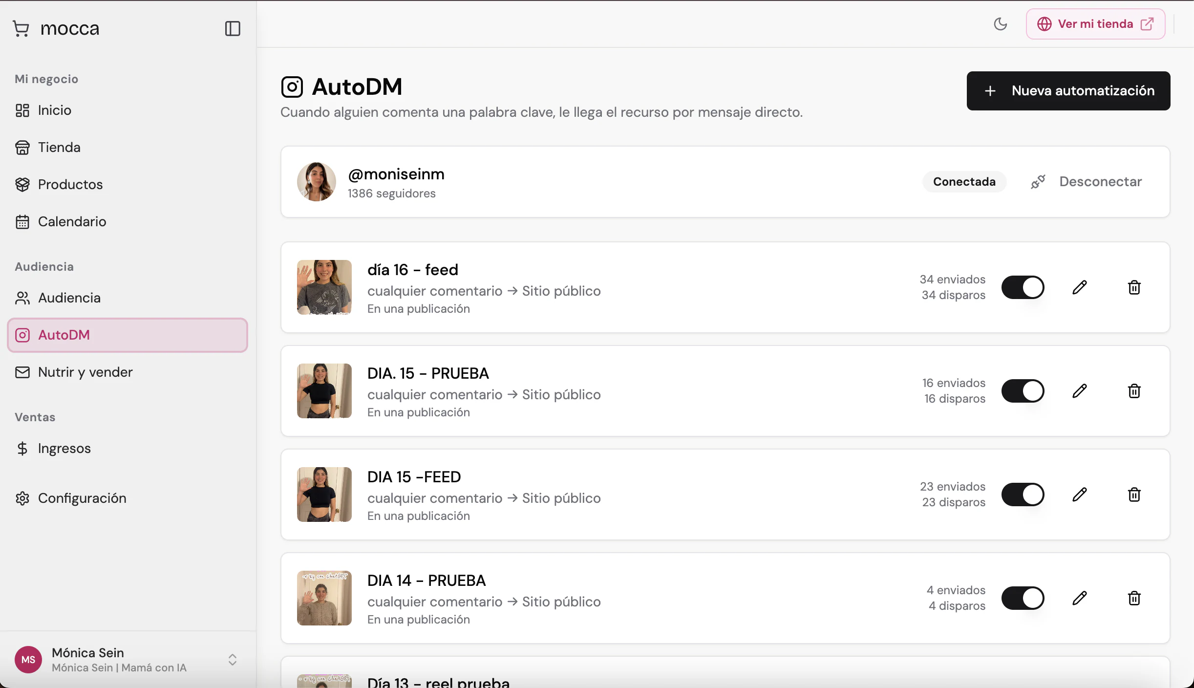 Panel AutoDM de Mónica Sein con su cuenta de Instagram conectada y automatizaciones.