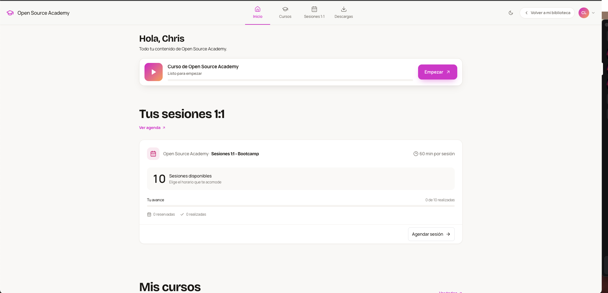Inicio del portal de Open Source Academy con un curso y las sesiones disponibles del comprador.
