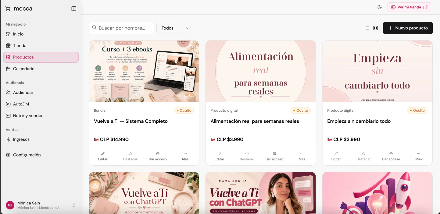 Catálogo de Mónica Sein con productos digitales y un pack de curso y ebooks.