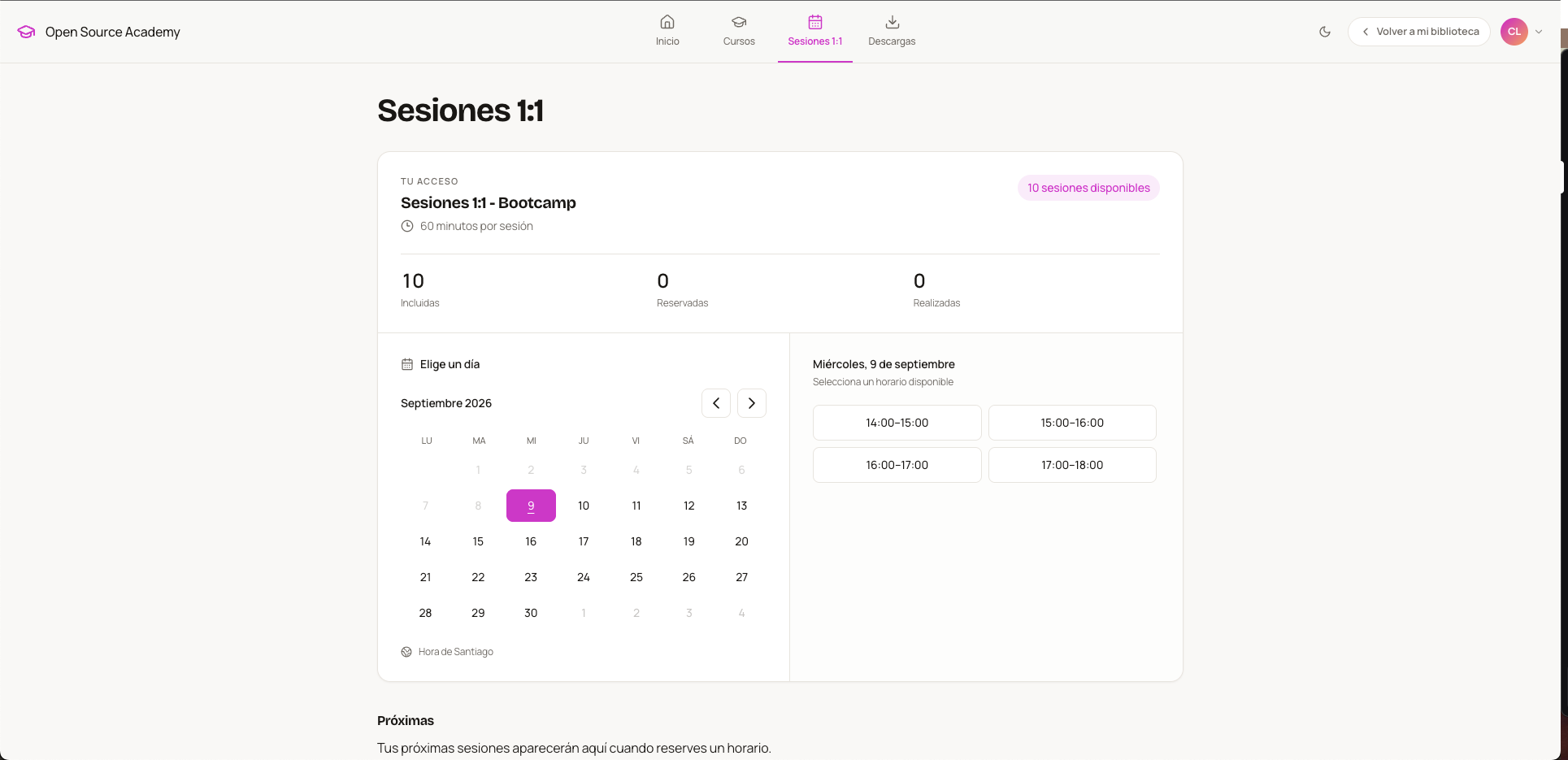 Portal de sesiones 1:1 con calendario, horarios disponibles y saldo de sesiones.
