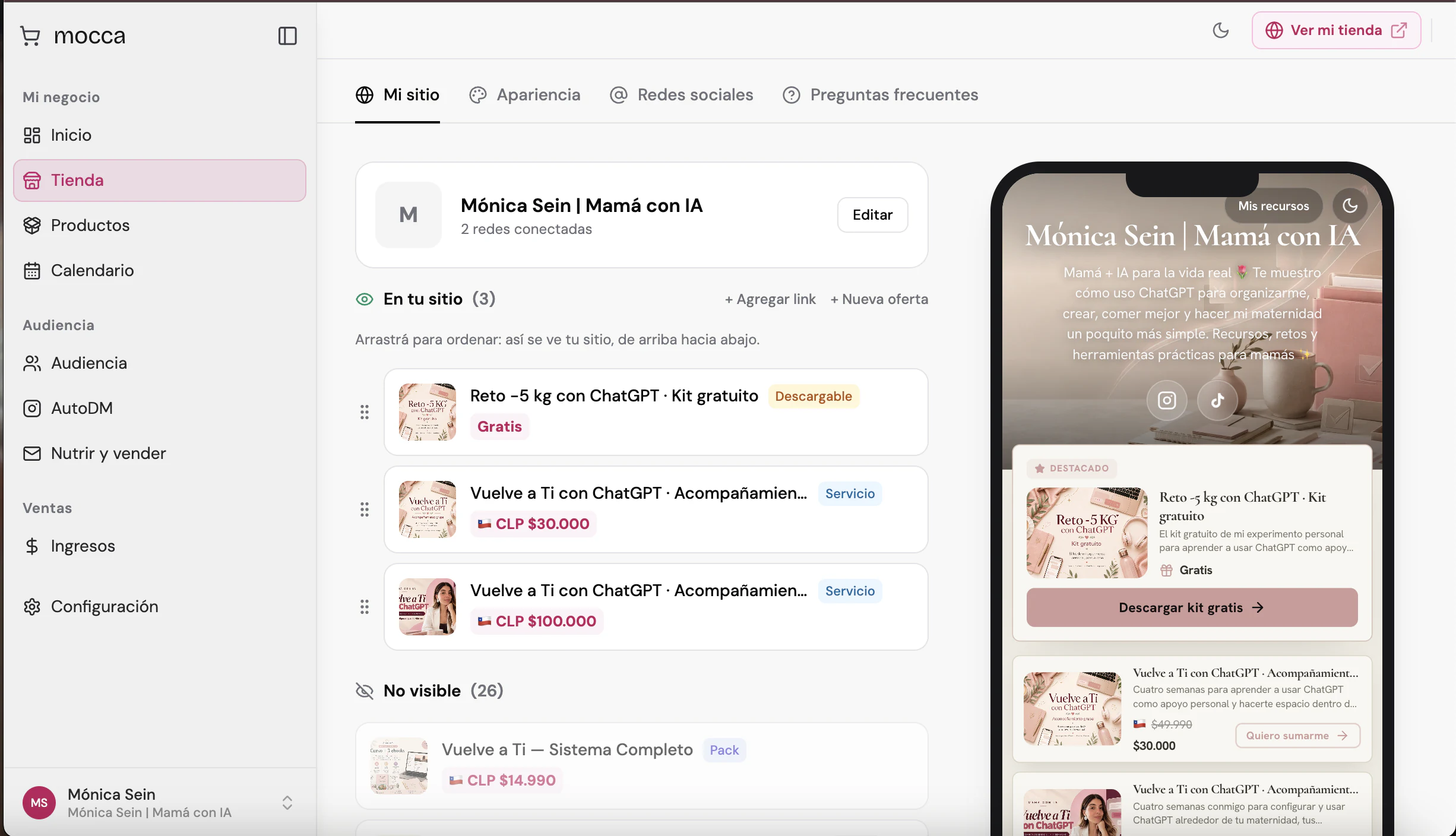 Editor de la tienda de Mónica Sein, Mamá con IA, con su diseño y productos.